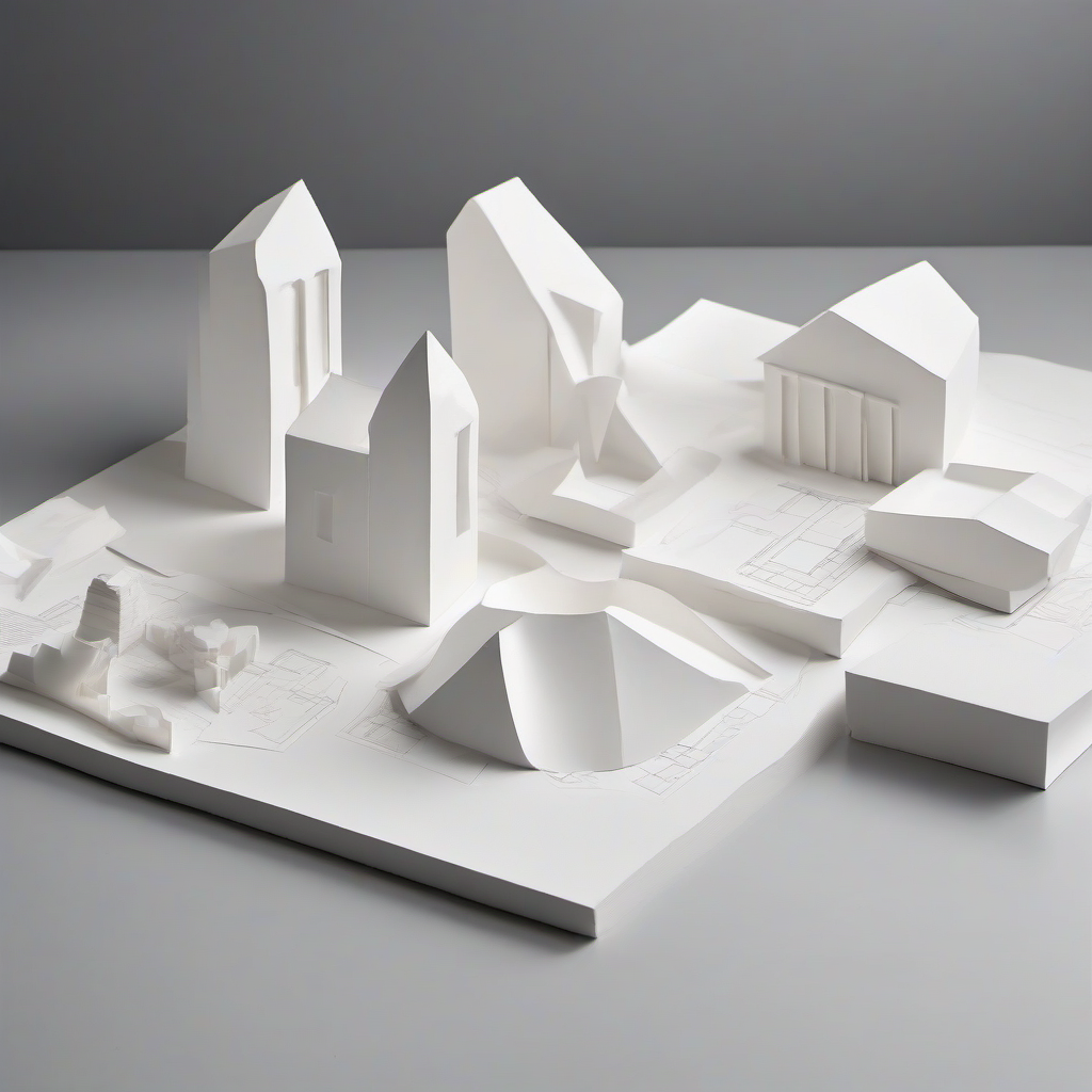 Paper-sculpture architectural drawings — a building elevation and a folded floor plan.