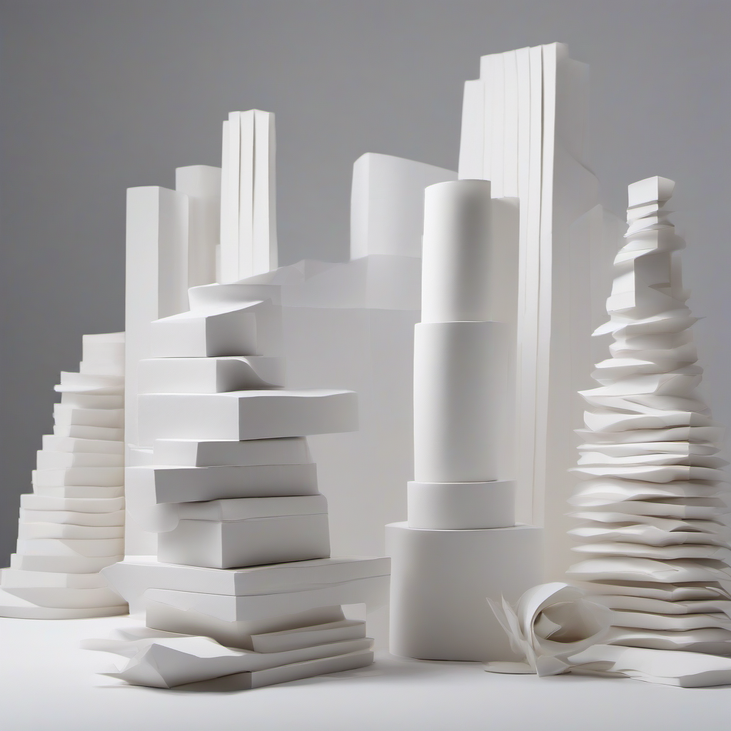 Paper-sculpture stack of stylised contracts with signature lines and folded edges.