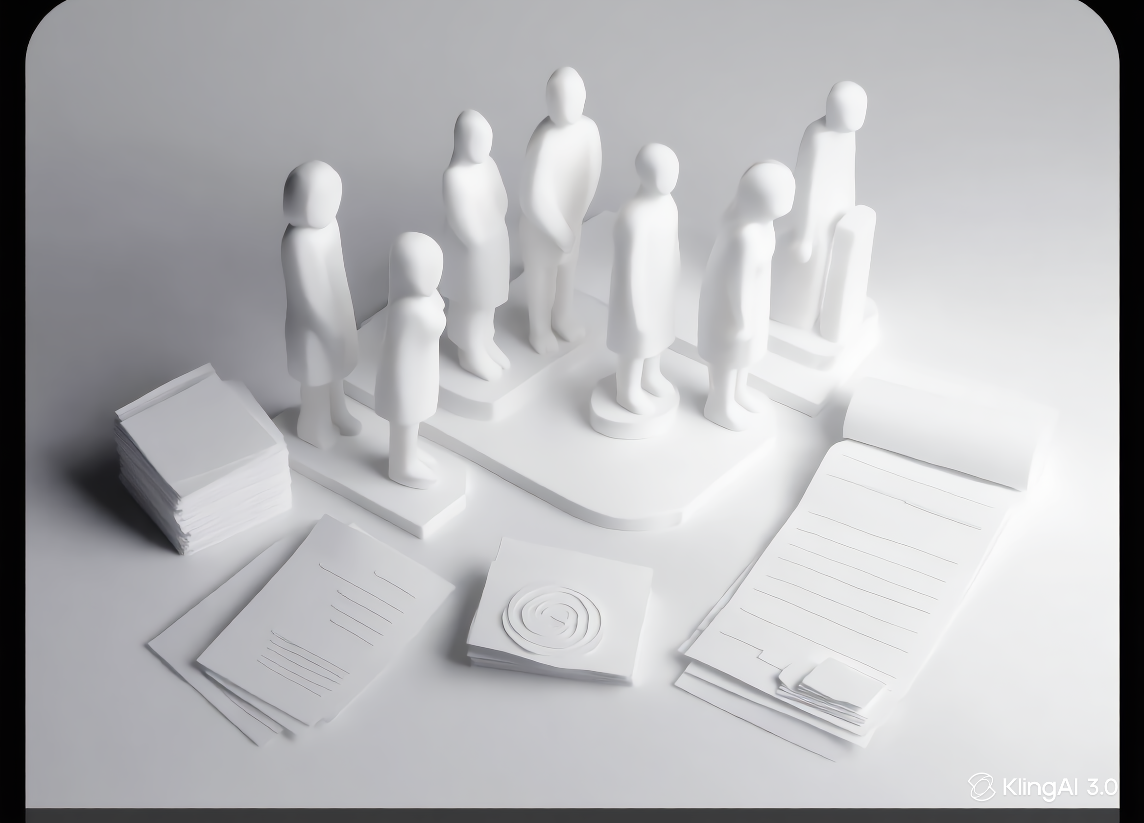 Paper figurines arranged around scattered documents, evoking an operational audit.