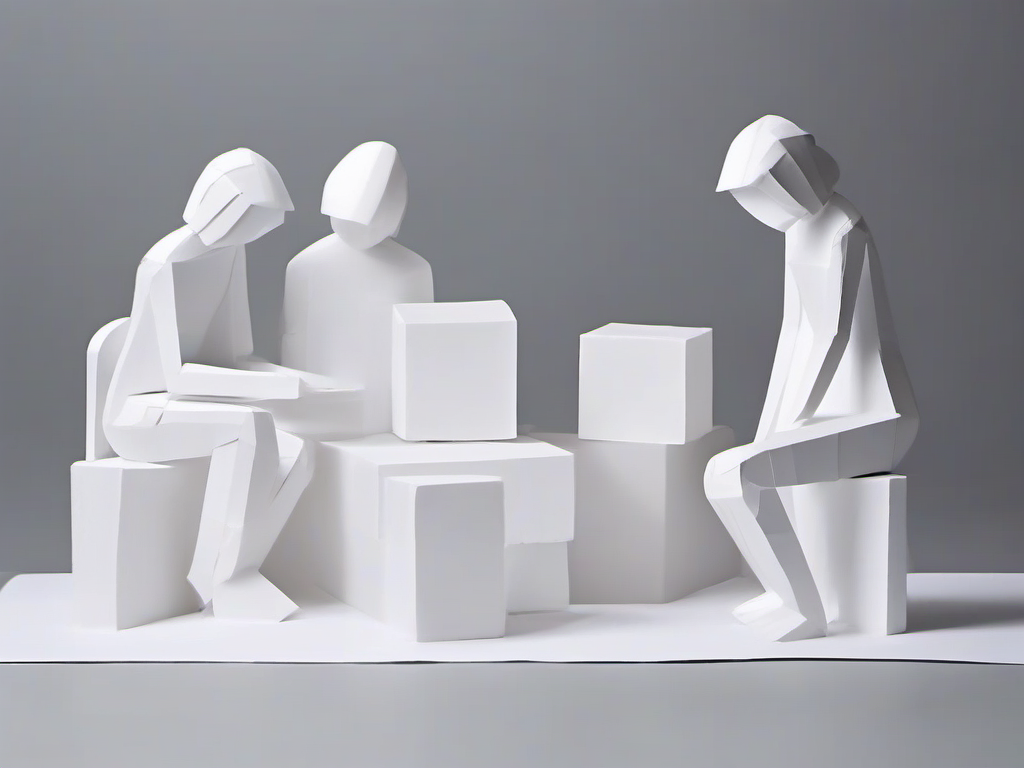 Paper figures gathered around stacked white cubes, evoking a workforce building with AI.