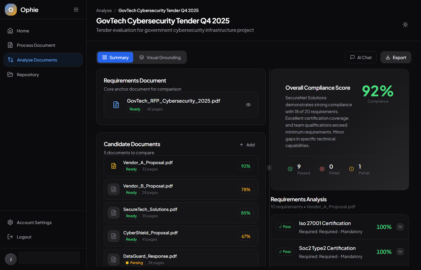 SmartDoc comparison view with compliance scoring